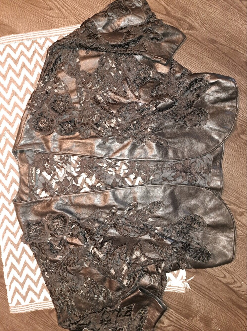 Women's Black Vintage Lace-Trim/ Pleather Jacket With Sequins